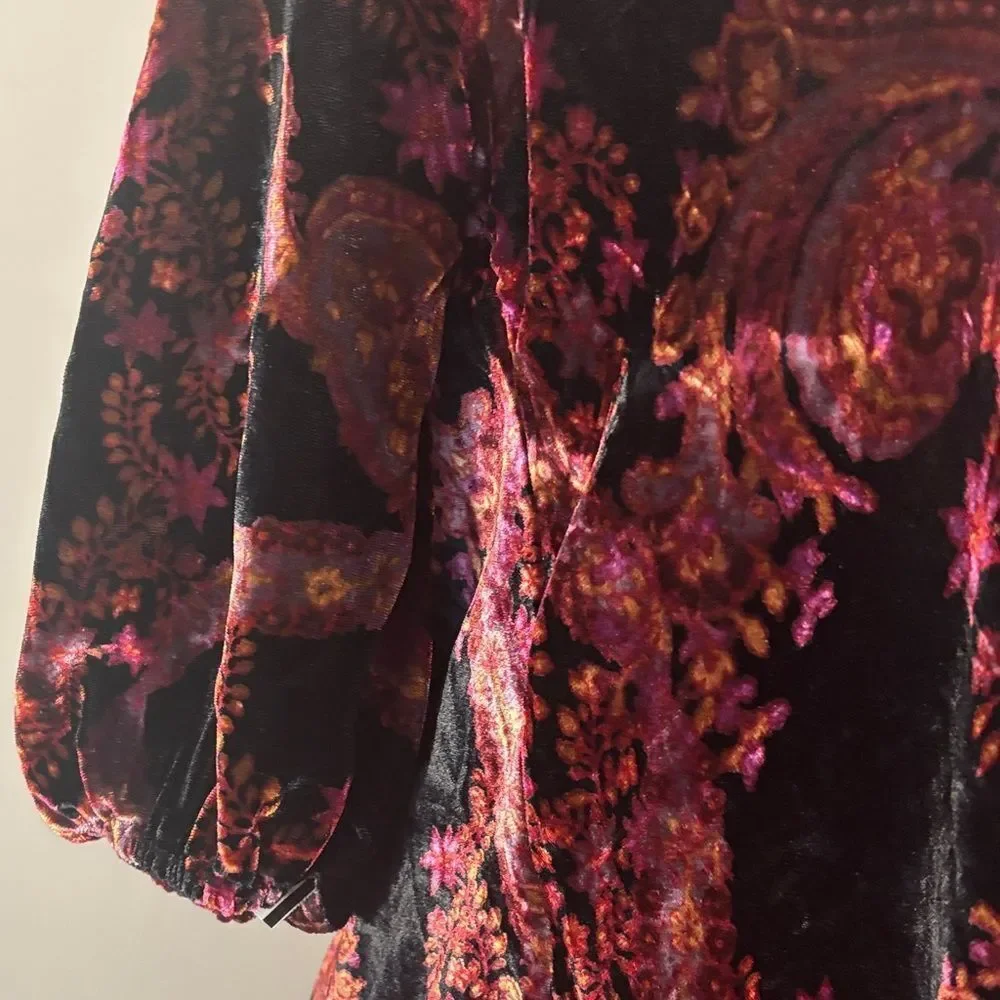 FREE PEOPLEVelvet V-Neck Puff Sleeve Tunic Top Burgundy S